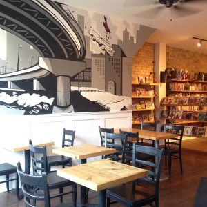 comic book store coffee bar geeks wall art graffiti cool